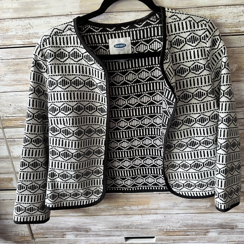 🖤 Old Navy Geometric Open Front Blazer Jacket Black White Medium